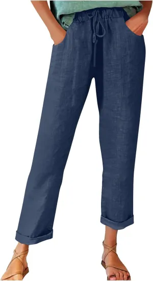 Womens Casual Cotton Linen Pants Lightweight Summer Elastic Waist Beach Pant Solid Lounge Long Trousers with Pockets