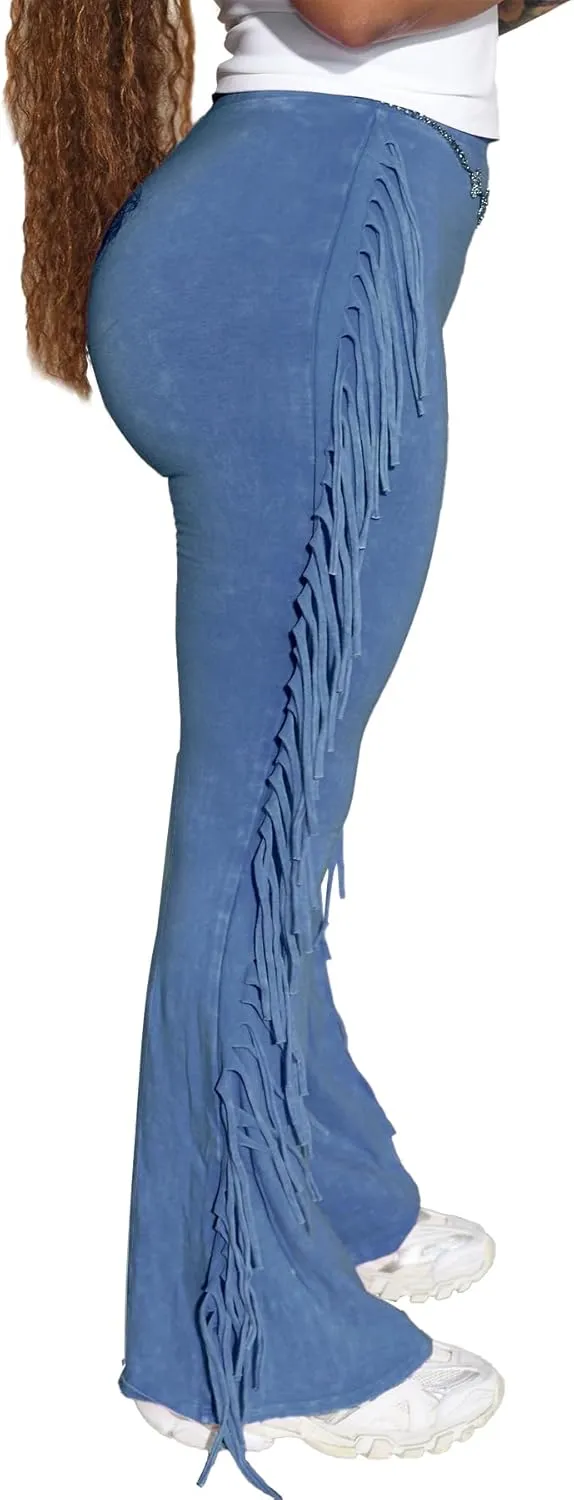 Women's Casual Mid Waist Fringed Cotton Bodycon Pants with Tassels and Elastic Waist
