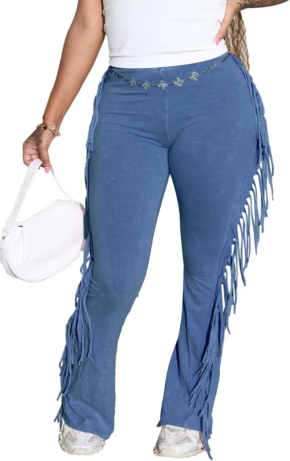 Women's Casual Mid Waist Fringed Cotton Bodycon Pants with Tassels and Elastic Waist