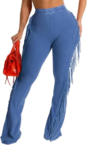 Women's Casual Mid Waist Fringed Cotton Bodycon Pants with Tassels and Elastic Waist