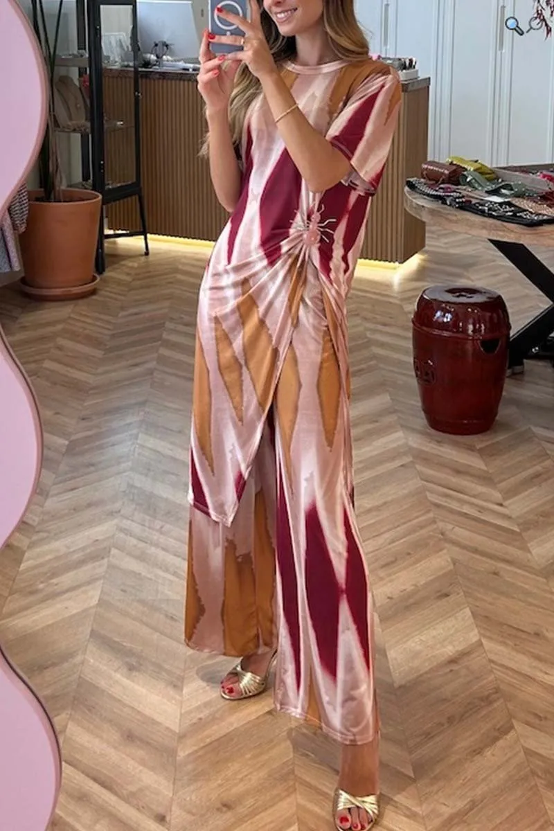 Women's casual tie-dye slit tops and pants two-piece set