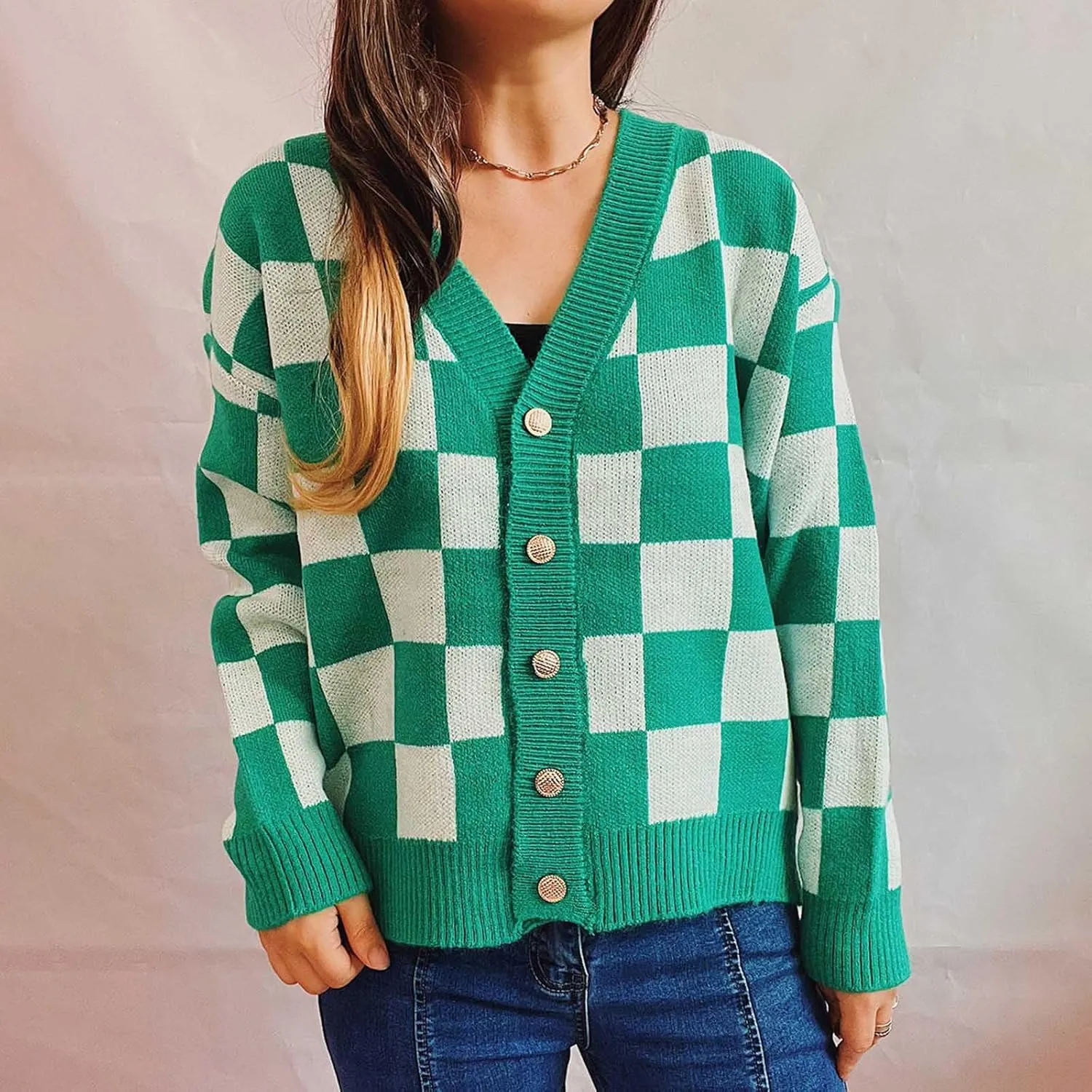 Womens Checkered Cardigan Sweaters V Neck Open Front Button Up Color Block Knit Outwear Fashion Casual Loose Jackets