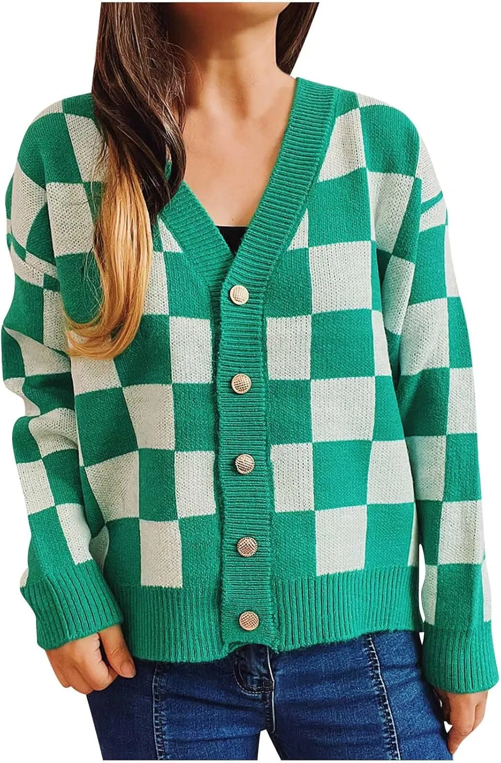 Womens Checkered Cardigan Sweaters V Neck Open Front Button Up Color Block Knit Outwear Fashion Casual Loose Jackets