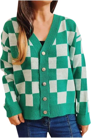 Womens Checkered Cardigan Sweaters V Neck Open Front Button Up Color Block Knit Outwear Fashion Casual Loose Jackets
