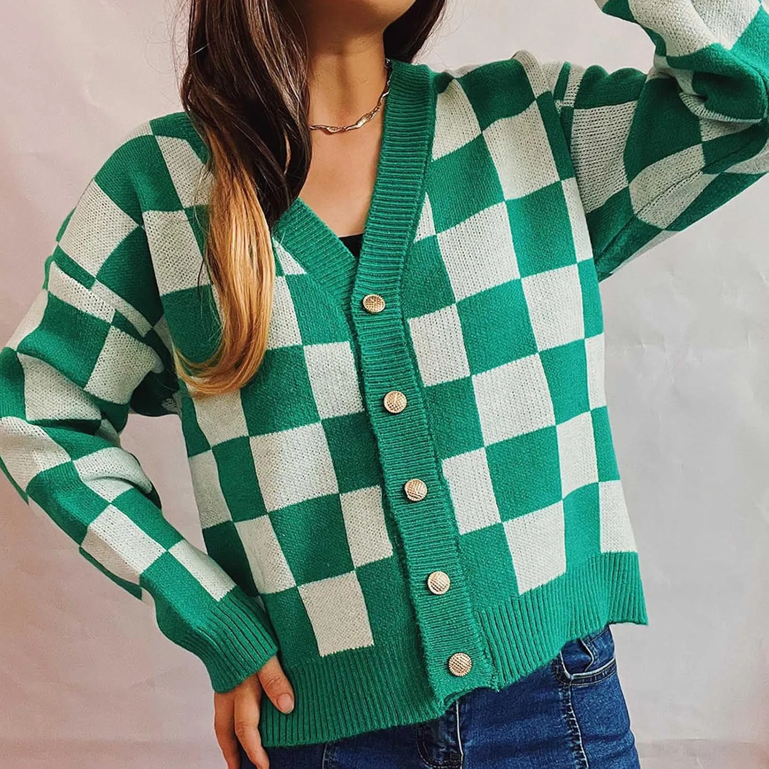 Womens Checkered Cardigan Sweaters V Neck Open Front Button Up Color Block Knit Outwear Fashion Casual Loose Jackets