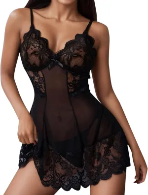 Womens Chemise Lingerie Sets for Women Sexy Straps Patchwork Babydoll Nightie V Neck Lace Sheer Flattering Slip Dress