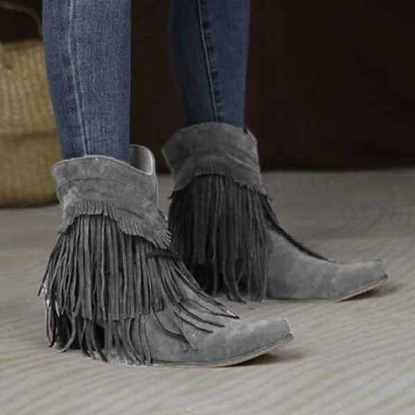 Women'S Chunky Heel Fringe Short Boots 76541909C