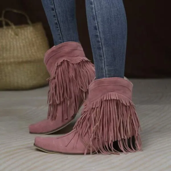 Women'S Chunky Heel Fringe Short Boots 76541909C