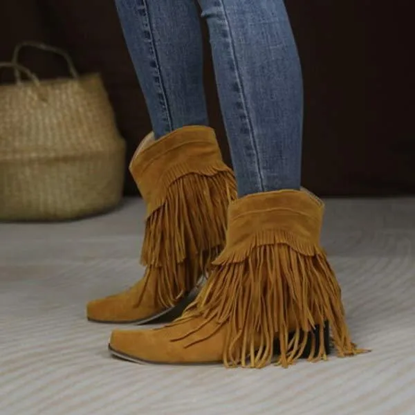 Women'S Chunky Heel Fringe Short Boots 76541909C