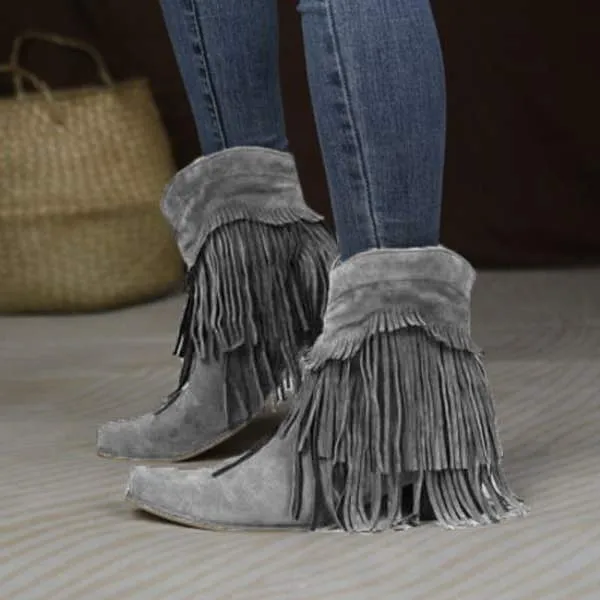 Women'S Chunky Heel Fringe Short Boots 76541909C