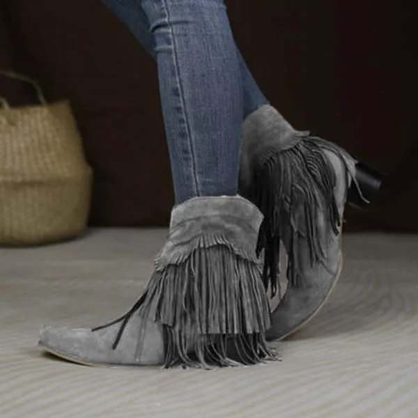 Women'S Chunky Heel Fringe Short Boots 76541909C