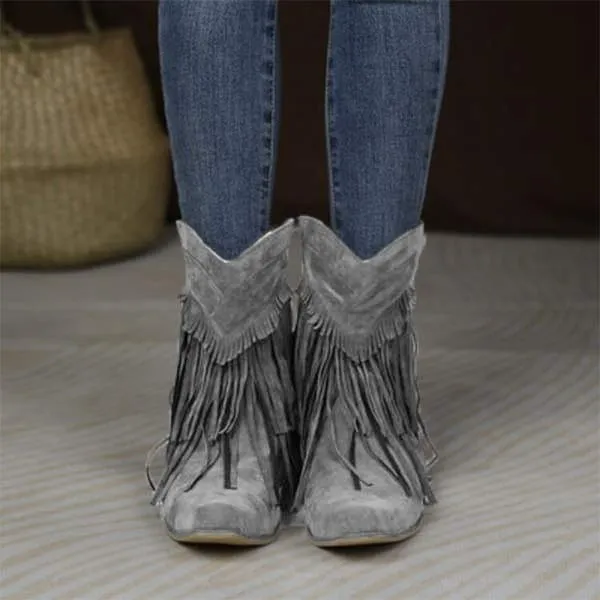 Women'S Chunky Heel Fringe Short Boots 76541909C