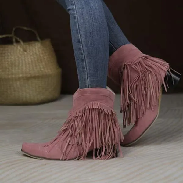 Women'S Chunky Heel Fringe Short Boots 76541909C