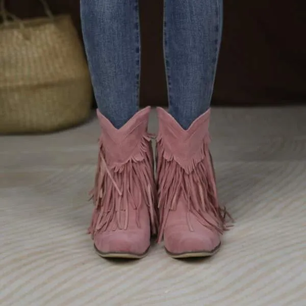 Women'S Chunky Heel Fringe Short Boots 76541909C