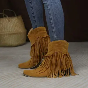Women'S Chunky Heel Fringe Short Boots 76541909C