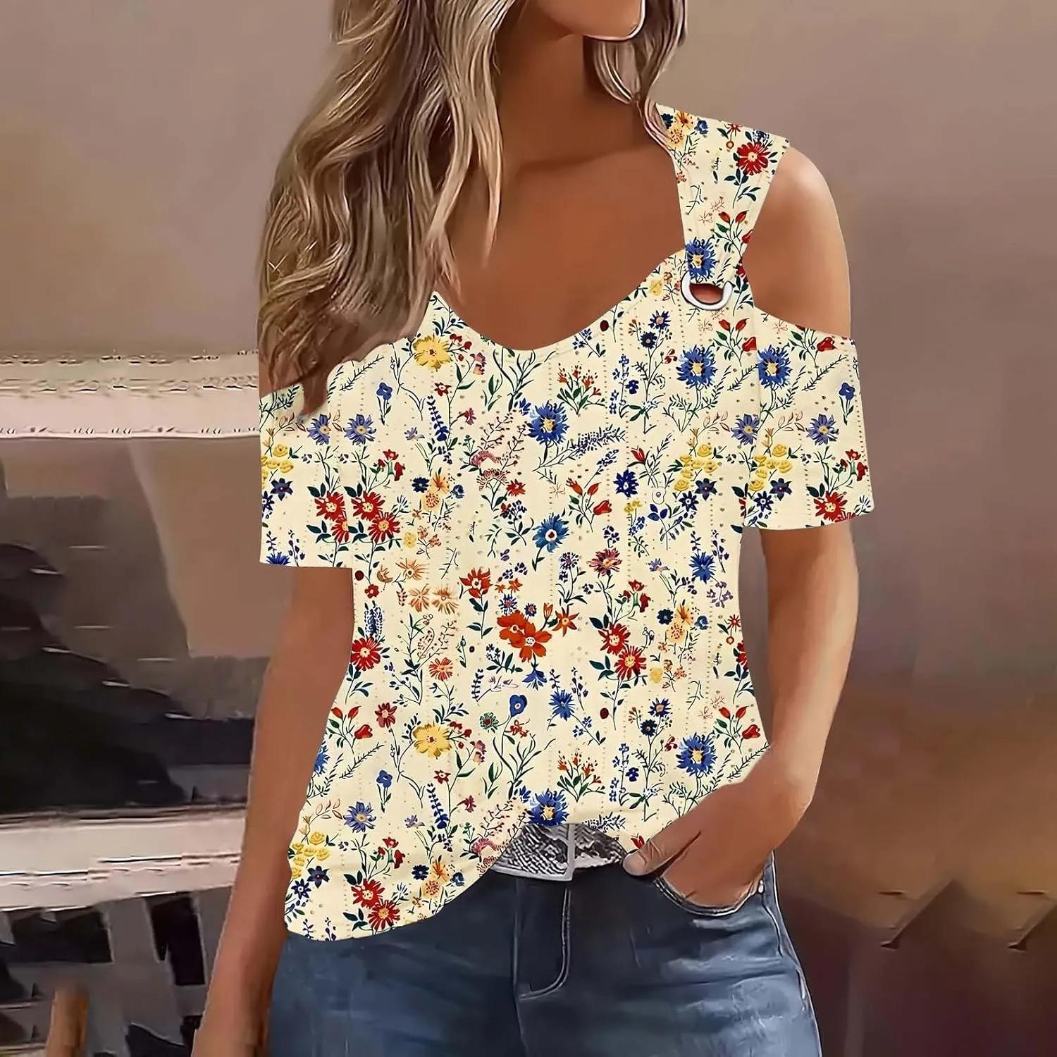 Womens Cold Shoulder Eyelet Tops V Neck Short Sleeve Floral Shirts Boho Summer Tshirt Casual Dressy Trendy Blouses