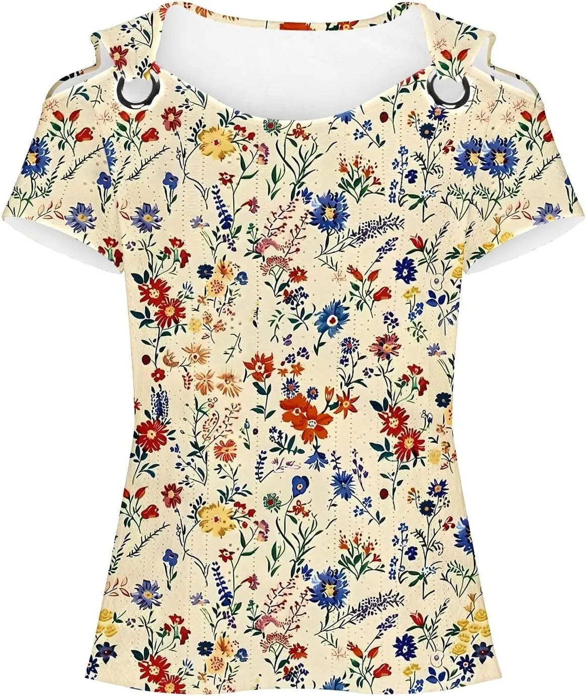Womens Cold Shoulder Eyelet Tops V Neck Short Sleeve Floral Shirts Boho Summer Tshirt Casual Dressy Trendy Blouses