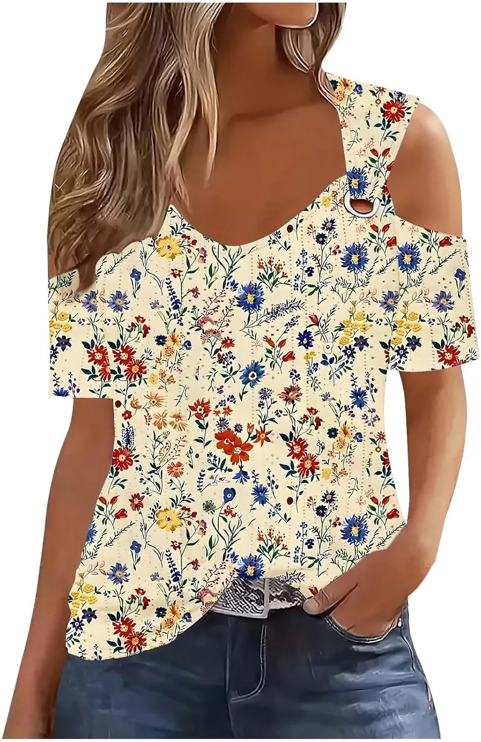 Womens Cold Shoulder Eyelet Tops V Neck Short Sleeve Floral Shirts Boho Summer Tshirt Casual Dressy Trendy Blouses
