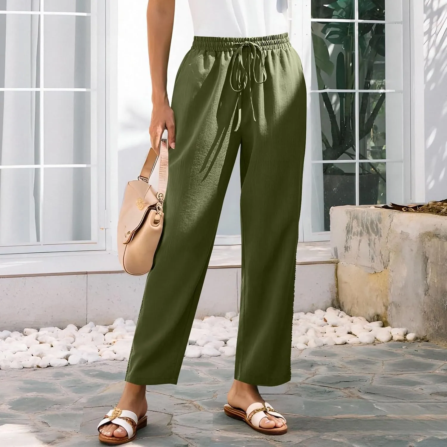 Women's Cotton Linen Pants 2025 Summer Casual Elastic Waist Trousers Side Hollow Out Comfy Yoga Beach Pant Sweatpants