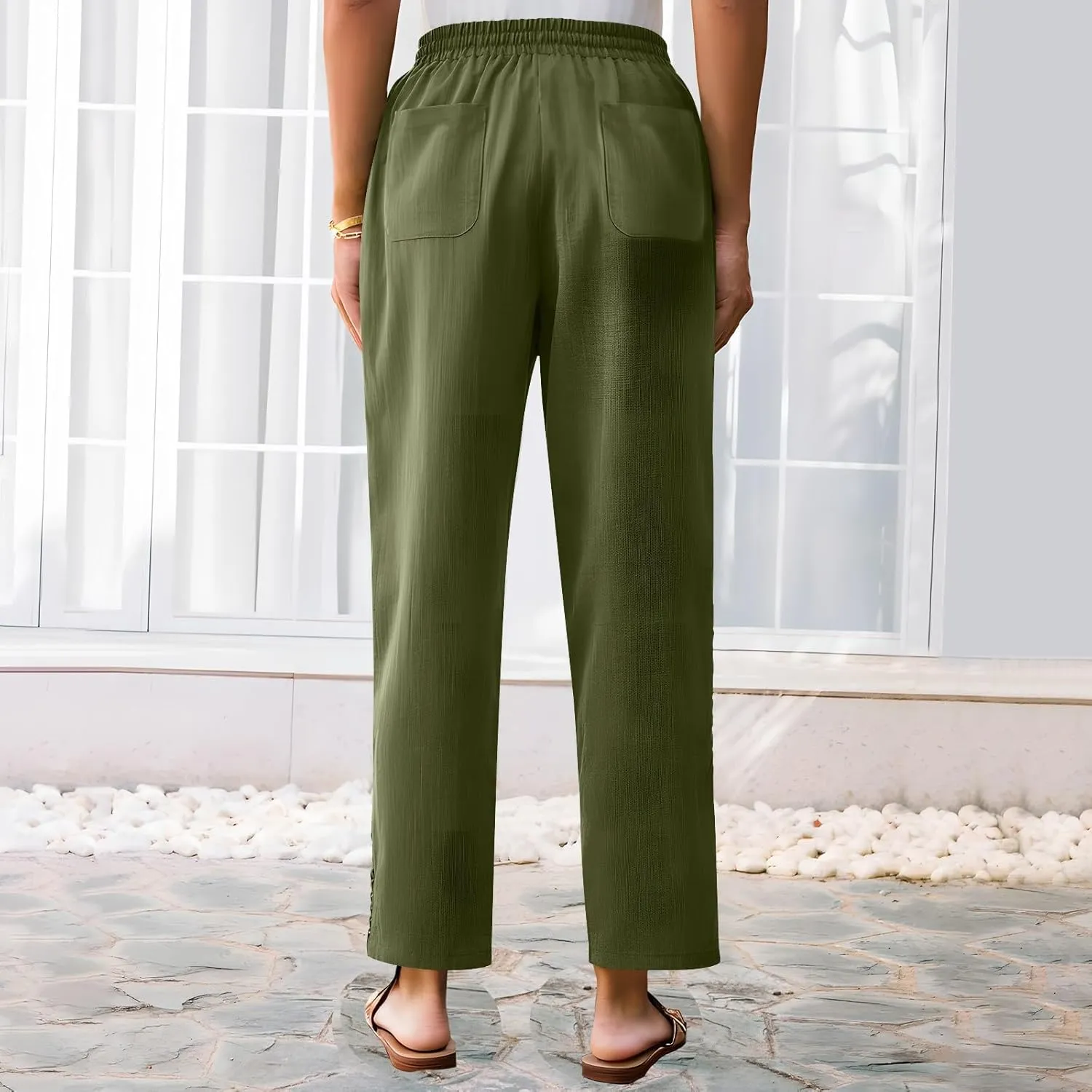 Women's Cotton Linen Pants 2025 Summer Casual Elastic Waist Trousers Side Hollow Out Comfy Yoga Beach Pant Sweatpants