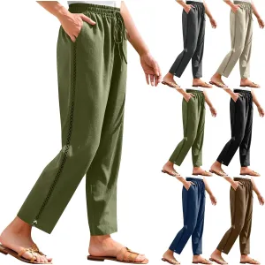 Women's Cotton Linen Pants 2025 Summer Casual Elastic Waist Trousers Side Hollow Out Comfy Yoga Beach Pant Sweatpants