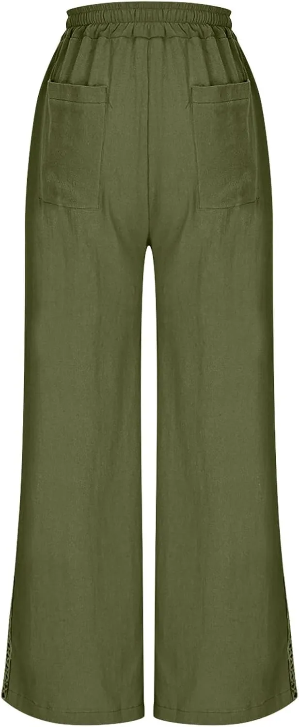 Women's Cotton Linen Pants 2025 Summer Casual Elastic Waist Trousers Side Hollow Out Comfy Yoga Beach Pant Sweatpants