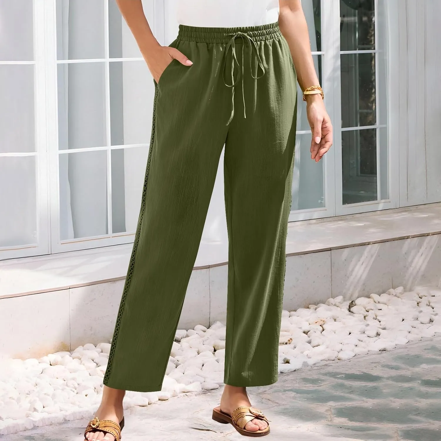 Women's Cotton Linen Pants 2025 Summer Casual Elastic Waist Trousers Side Hollow Out Comfy Yoga Beach Pant Sweatpants