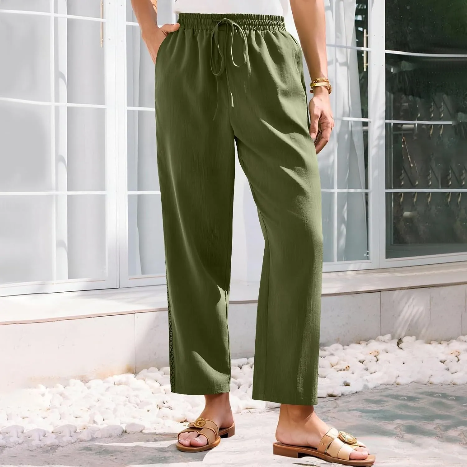 Women's Cotton Linen Pants 2025 Summer Casual Elastic Waist Trousers Side Hollow Out Comfy Yoga Beach Pant Sweatpants