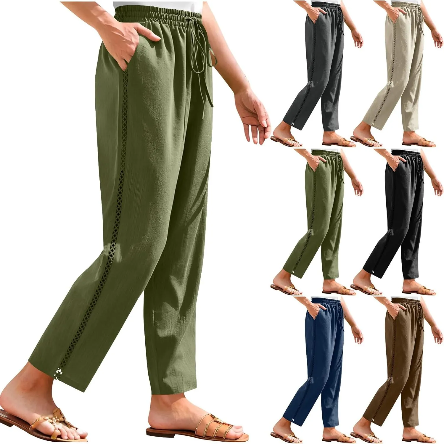 Women's Cotton Linen Pants 2025 Summer Casual Elastic Waist Trousers Side Hollow Out Comfy Yoga Beach Pant Sweatpants