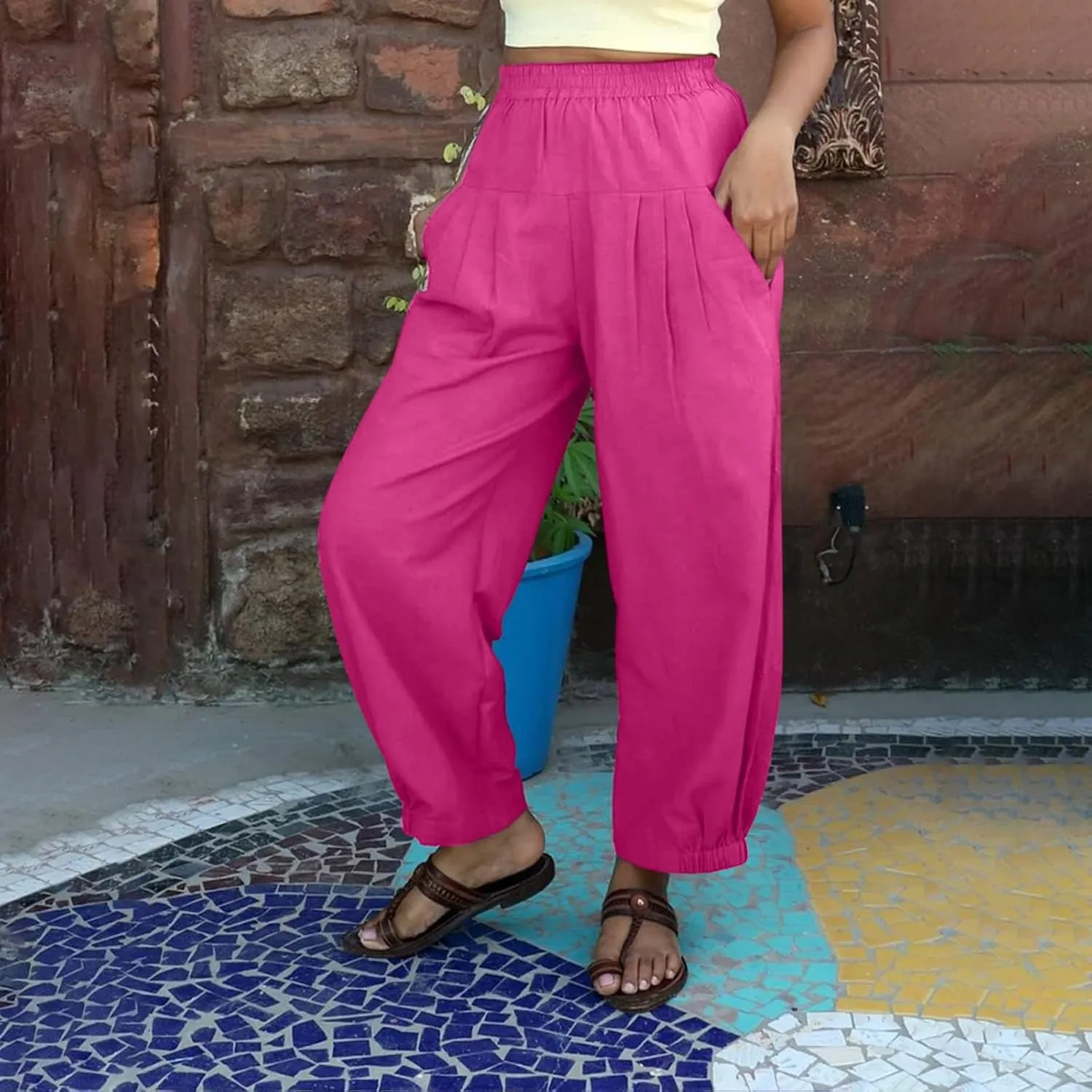 Womens Cotton Linen Tapered Pants Summer Casual Elastic Waisted Beach Pants Loose Vacation Travel Tousers with Pocket