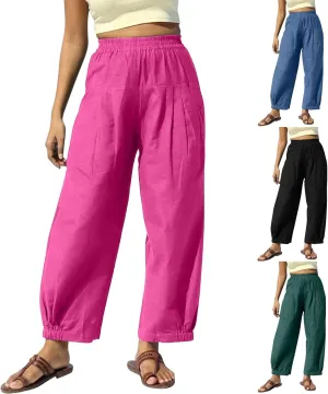 Womens Cotton Linen Tapered Pants Summer Casual Elastic Waisted Beach Pants Loose Vacation Travel Tousers with Pocket