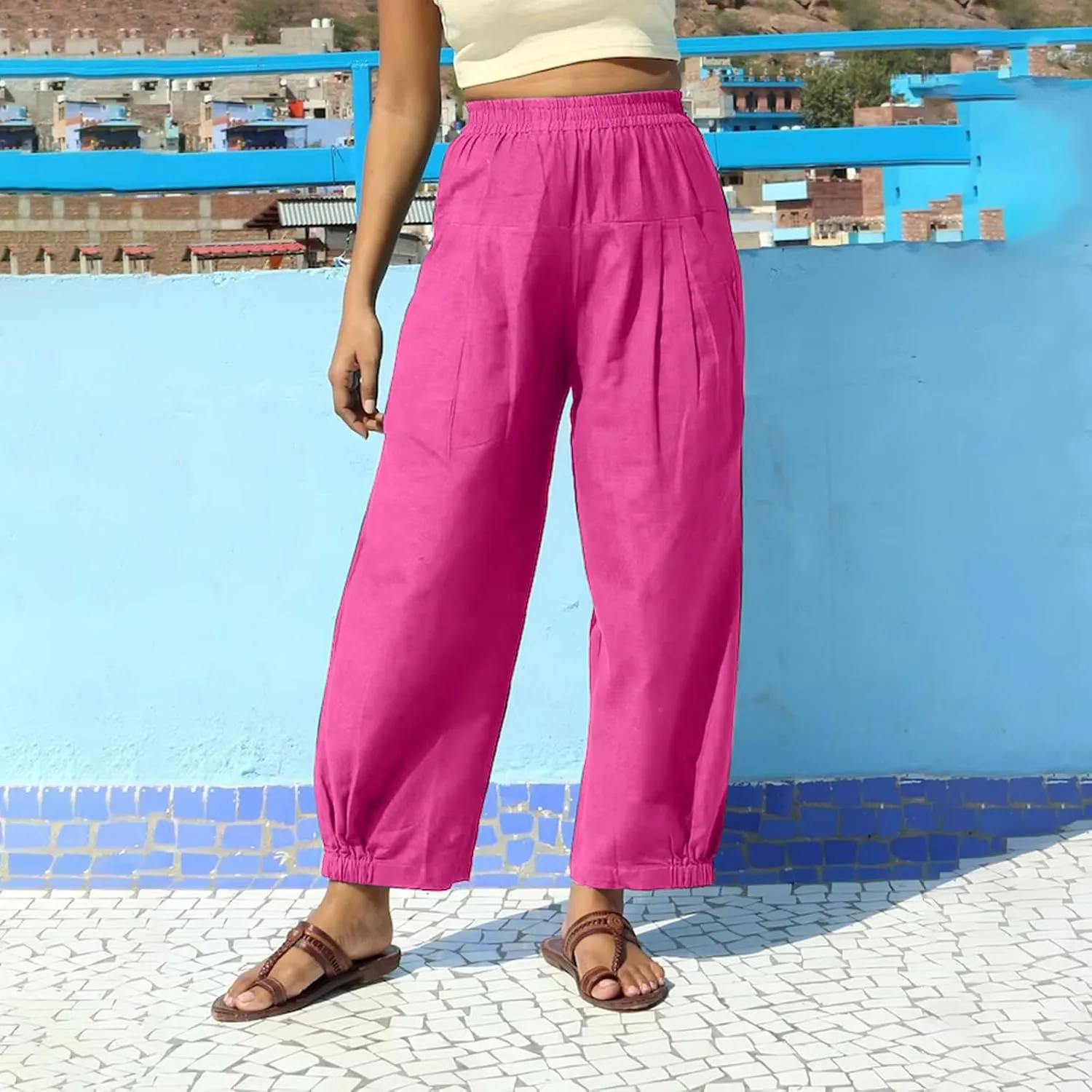 Womens Cotton Linen Tapered Pants Summer Casual Elastic Waisted Beach Pants Loose Vacation Travel Tousers with Pocket