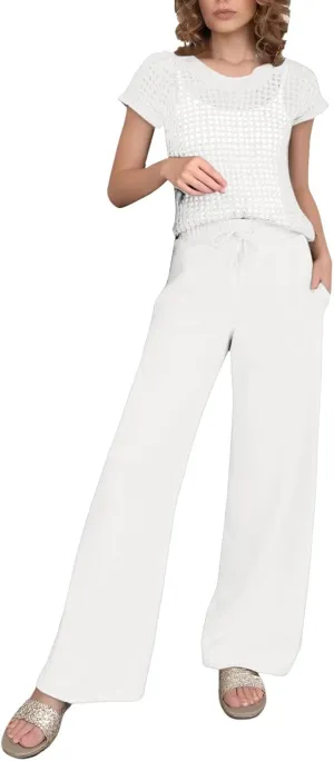 Women's Crochet Lounge Set 2-Piece Sheer Knit Top & Wide-Leg Pants Matching Comfy Casual Travel Sweatsuit Outfits