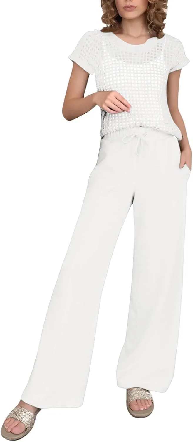 Women's Crochet Lounge Set 2-Piece Sheer Knit Top & Wide-Leg Pants Matching Comfy Casual Travel Sweatsuit Outfits