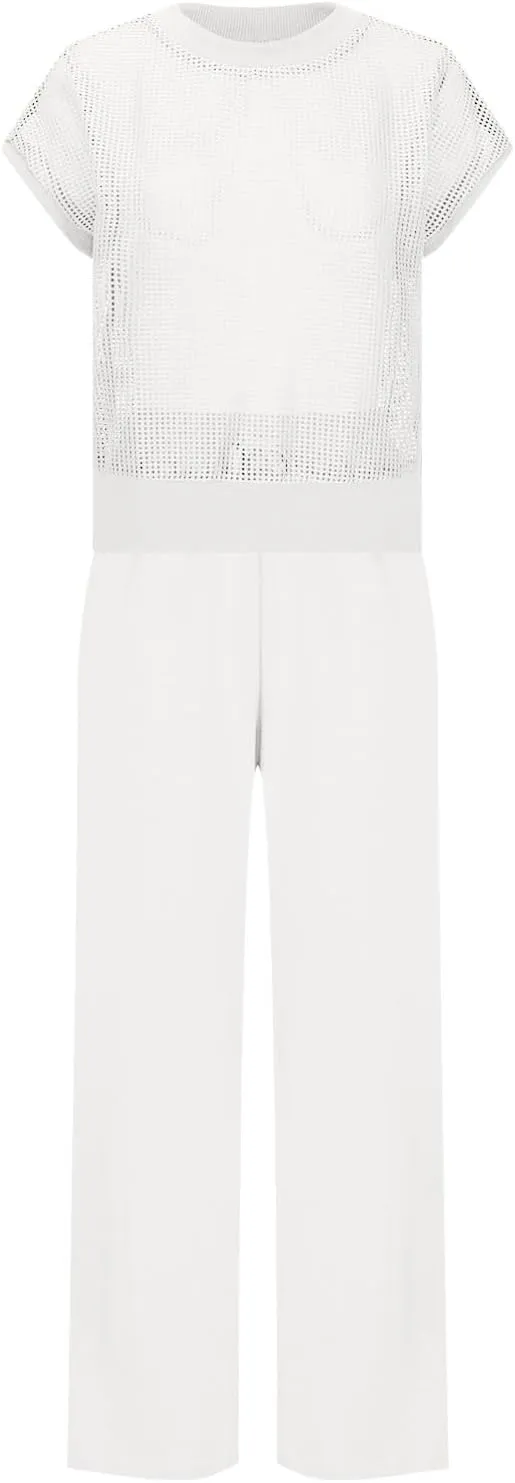 Women's Crochet Lounge Set 2-Piece Sheer Knit Top & Wide-Leg Pants Matching Comfy Casual Travel Sweatsuit Outfits