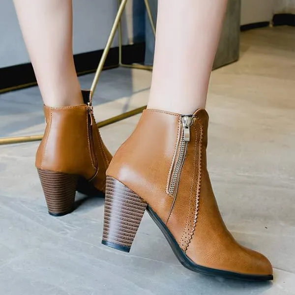 Women'S Double Zip High Heel Chunky Heel Nude Boots 73212064C