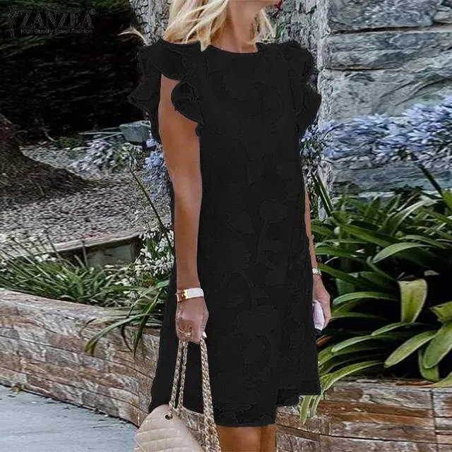 Women's Elegant O-Neck Ruffled Sleeve Shift Dress