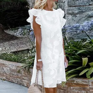 Women's Elegant O-Neck Ruffled Sleeve Shift Dress
