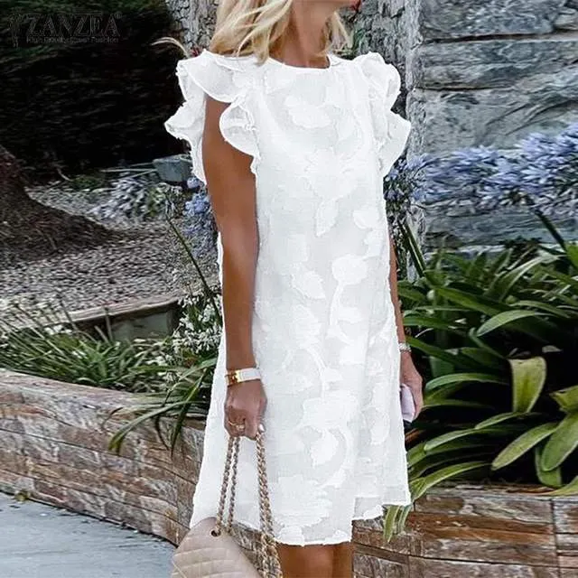 Women's Elegant O-Neck Ruffled Sleeve Shift Dress