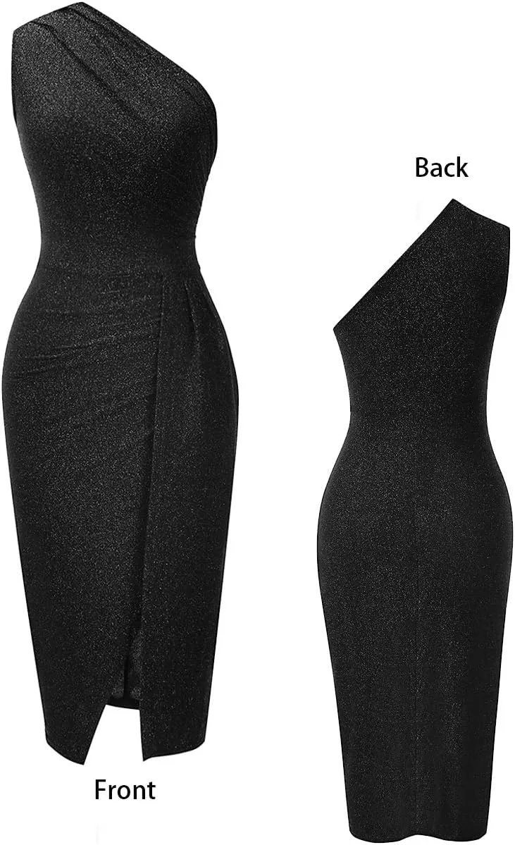 Womens Elegant Sleeveless one Shoulder Ruched High Slit Evening Cocktail Party Dresses