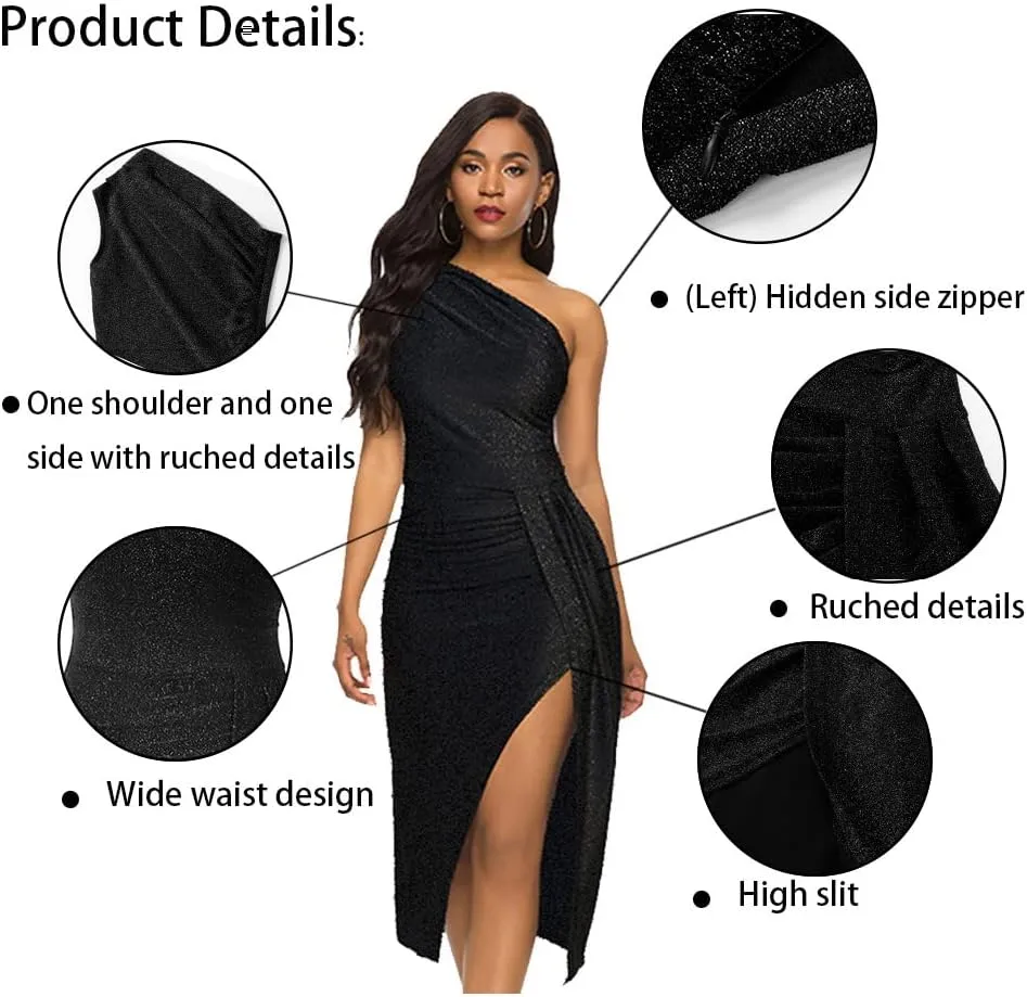 Womens Elegant Sleeveless one Shoulder Ruched High Slit Evening Cocktail Party Dresses