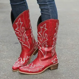 Women's Embroidered Pattern Chunky Heel Knee-High Boots 32045929C