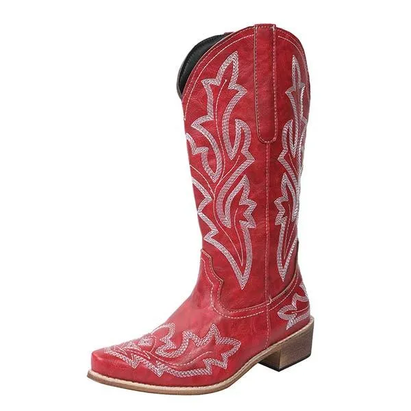 Women's Embroidered Pattern Chunky Heel Knee-High Boots 32045929C