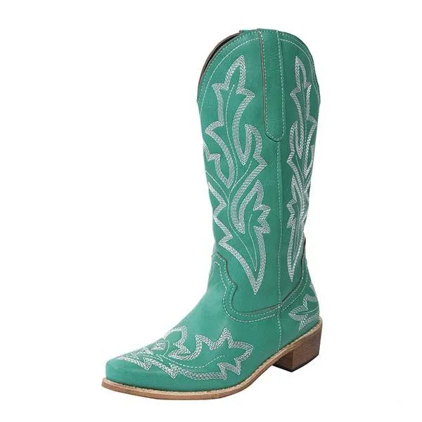 Women's Embroidered Pattern Chunky Heel Knee-High Boots 32045929C