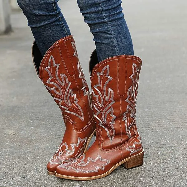 Women's Embroidered Pattern Chunky Heel Knee-High Boots 32045929C