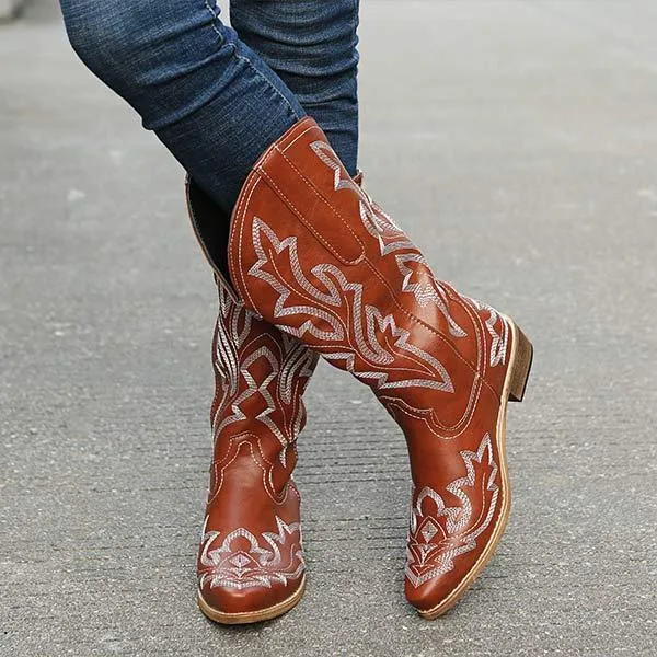 Women's Embroidered Pattern Chunky Heel Knee-High Boots 32045929C