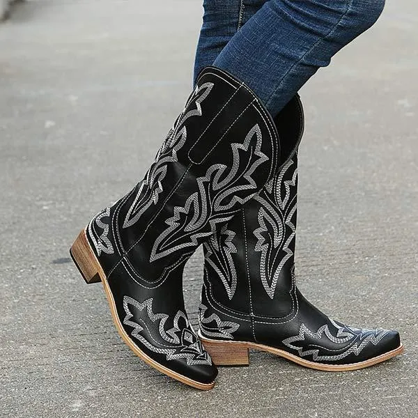 Women's Embroidered Pattern Chunky Heel Knee-High Boots 32045929C