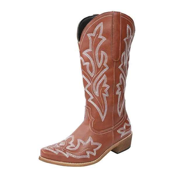 Women's Embroidered Pattern Chunky Heel Knee-High Boots 32045929C