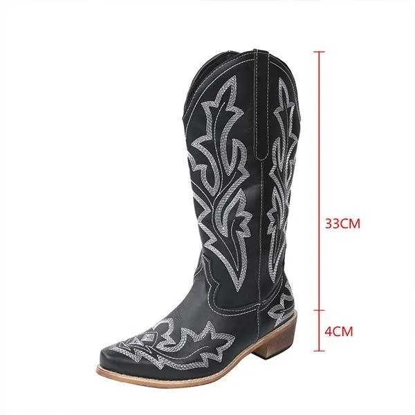 Women's Embroidered Pattern Chunky Heel Knee-High Boots 32045929C