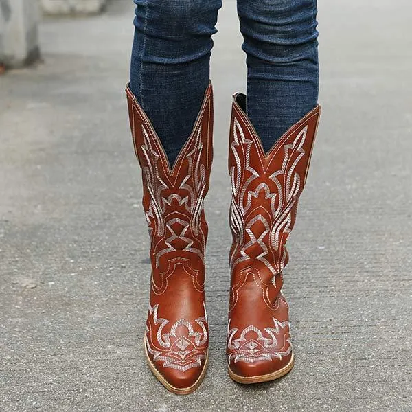 Women's Embroidered Pattern Chunky Heel Knee-High Boots 32045929C